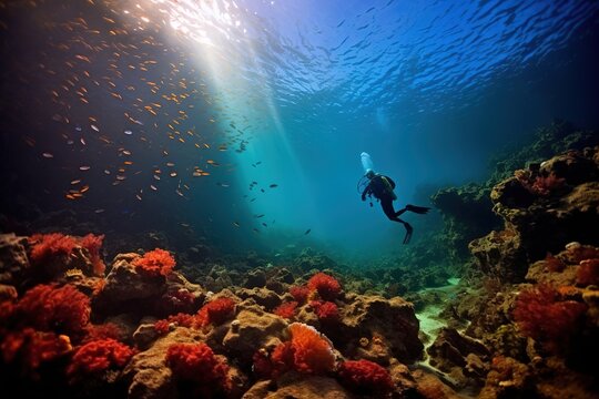 Underwater photographer videographer scuba dives in the sea. underwater photography and videography concept - Generative AI