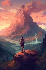 Climber with backpack standing on top of mountain illustration, epic scene - Generative AI