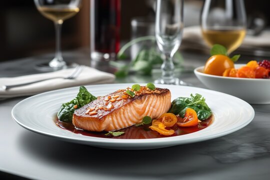Juicy piece of salmon and wine on the table in the restaurant.