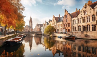 Obraz premium a canal with several boats on it and a church steeple in the background. generative ai