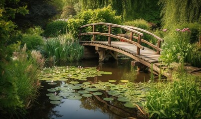 Fototapeta na wymiar a wooden bridge over a pond with lily pads on it. generative ai