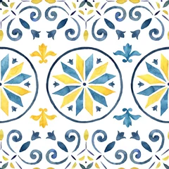 Tapeten Watercolor abstract seamless pattern consisting of blue, yellow elements and Mediterranean tiles. Hand painted illustration isolation on white background for design, print, fabric or background. © yuliya_derbisheva