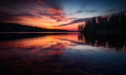 a beautiful sunset over a lake with trees in the background.  generative ai