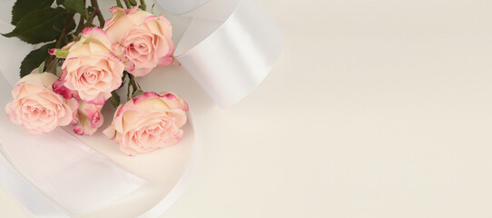 Pink rose flower bouquet with white silk ribbon. Light beige horozontal copy space background.