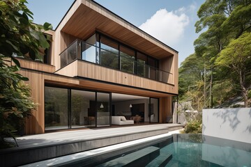 Fototapeta na wymiar modern and luxury japanese home with garden and swimming pool. minimal design and wood walls - Generative AI