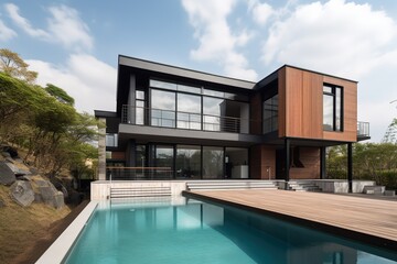 Fototapeta premium modern and luxury japanese home with garden and swimming pool. minimal design and wood walls - Generative AI