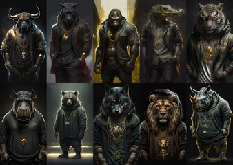 Set of portraits of animals in gangster style with modern suits AI generated - obrazy, fototapety, plakaty