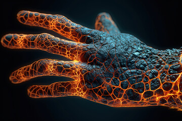 Hands with arthrosis, arthritis or psoriatic arthritis, inflammatory of joints, pain, concept of health condition being reduced. and restricted. Generative AI. - obrazy, fototapety, plakaty