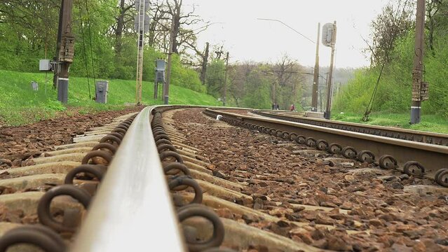 In the distance, a greppe of human feet crosses the railroad