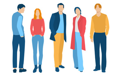 Set of young men and women, different colors, cartoon character, group of silhouettes of standing business people, students, the design concept of flat icon, isolated on white background