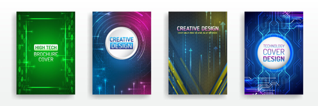 Contemporary science and digital technology concept. Vector template for a brochure or cover with hi-tech elements background. Blue layout futuristic brochures, flyers, and placards.