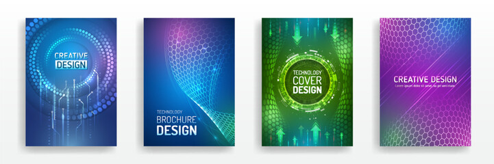 High-tech brochure flyer template. Abstract hexagonal futuristic design concept. Technology background design, booklet, leaflet, annual report layout. Science cover design for business presentation. - obrazy, fototapety, plakaty