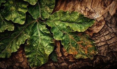  a close up of a green leaf on a tree trunk.  generative ai
