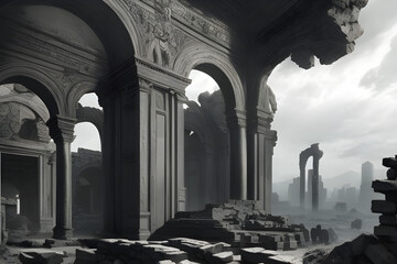 Monochrome illustration of ruins created using Generative AI technology