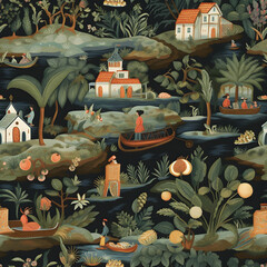 Folk river scene illustration seamless pattern wallpaper print