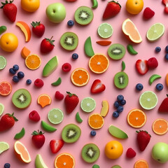 Fototapeta na wymiar Sliced ​​and whole multicolored fruit on a pinkbackground. Fruits and berries. Flat lay. Generative AI