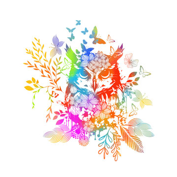Fantastic illustration with an owl, Portrait of a colorful owl made of flowers, leaves and butterflies. Used as a coloring or print on t-shirt or notebook cover. Vector illustration