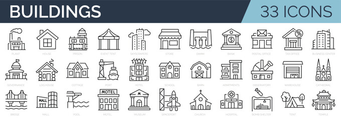 Set of 33 icons related to buildings, real estate. Outline icon collection. Vector illustration. Editable stroke