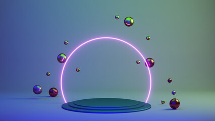 neon colored background with glowing circle flying  bubbles, 3d render