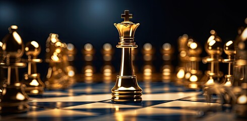gold chess piece behind his fellow pawns on a checkered board Generative AI