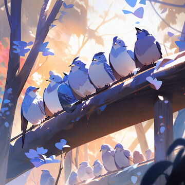 Concept Art Birds sitting on a Tree Summer time, early morning with warm background.