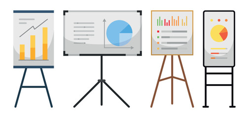 Set of flip charts in cartoon style. Vector illustration of boards with diagrams, growth graphs, statistics isolated on white. Office easels for conducting seminars, lectures. Business presentations.