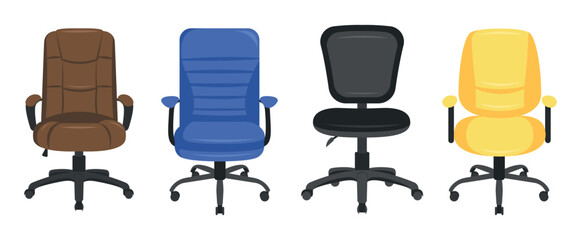 Set of colored office chairs in a cartoon style. Vector illustration of various office and front chairs on wheels for work isolated on white background. Office chairs for interior.