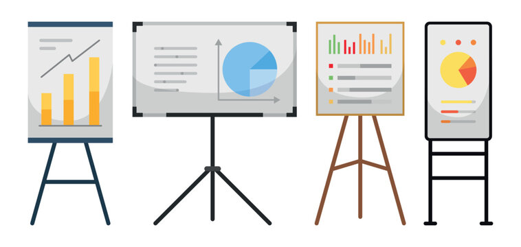 Set of flip charts in cartoon style. Vector illustration of boards with diagrams, growth graphs, statistics isolated on white. Office easels for conducting seminars, lectures. Business presentations.