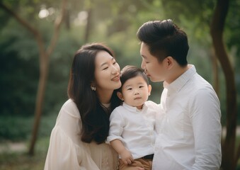 Obraz premium Young Asian Family Spending Quality Time Outdoors with their child. Generative AI.