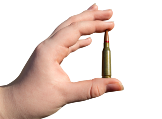 Rifle cartridge in hand on a transparent background. Close-up. Military support concept