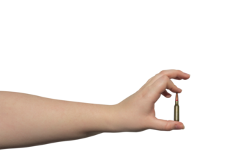 Rifle cartridge in hand on a transparent background. Close-up. Military support concept