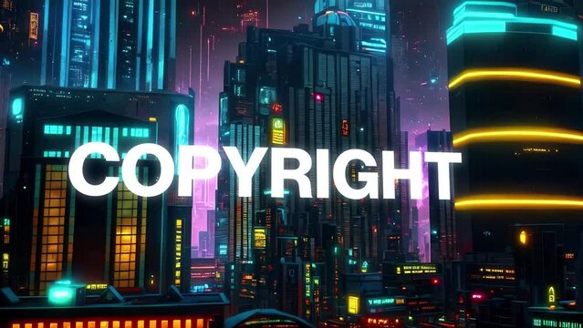 Copyright type animation set against 3d render of a bustling cyberpunk metropolis city. Featuring a generative ai look and modern animation. 
