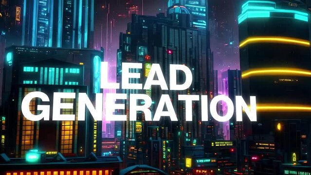 Lead Generation type animation set against 3d render of a bustling cyberpunk metropolis city. Featuring a generative ai look and modern animation. 
