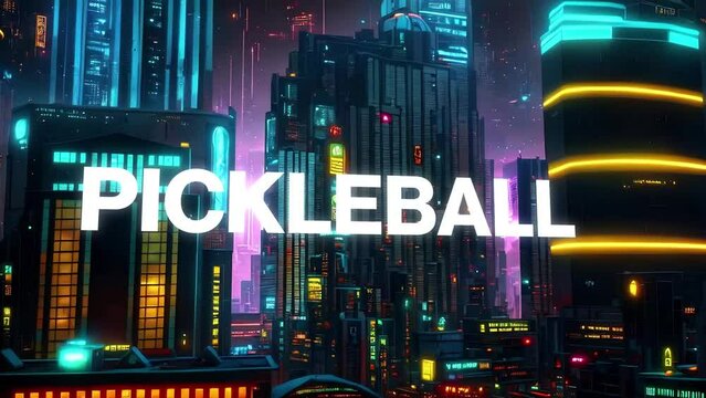 Pickleball type animation set against 3d render of a bustling cyberpunk metropolis city. Featuring a generative ai look and modern animation. 
