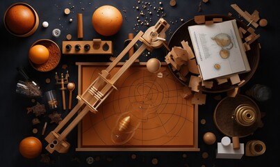  a wooden model of a space station surrounded by other objects.  generative ai