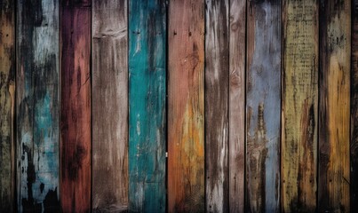  a close up of a wooden fence with different colored boards.  generative ai