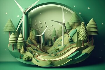 Green cities. Clean energy. Wind turbine, eolic power. Generative AI. Green, environment, sustainable concept. Paper cut and 3D trees, houses, birds, lakes, eolic turbines. 