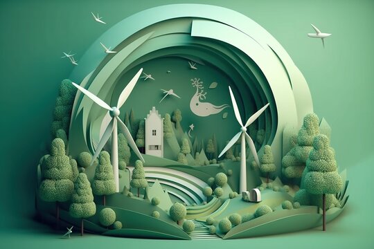 Green cities. Clean energy. Wind turbine, eolic power. Generative AI. Green, environment, sustainable concept. Paper cut and 3D trees, houses, birds, lakes, eolic turbines. 