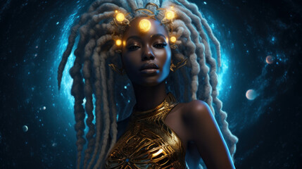 Beautiful alien black woman portrait with portal, concept of futuristic trendy android girl in gold. Created by AI