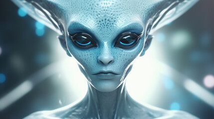 Portrait of an alien girl with pale blue skin and big eyes, a race of women from other UFO worlds. Created by AI