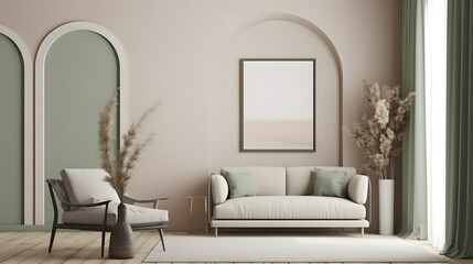 empty poster frame on beige wall in living room interior with modern furniture and decorative green arch with trendy dried flowers, white sofa and armchair.