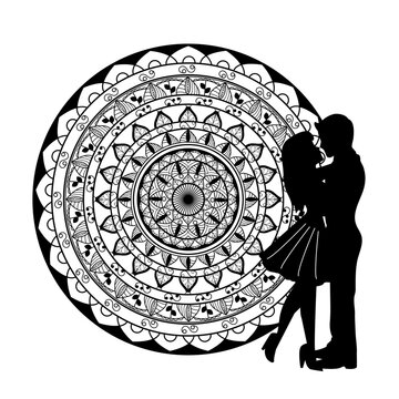 Vector illustration of a decorative monochrome anti-stress mandala with lovers silhouette coloring page for adults, Mandala vettoriale con innamorati antistress da colorare per libro adulti