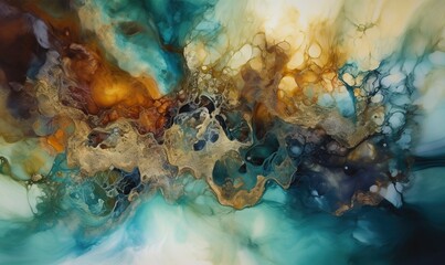  an abstract painting with blue, yellow, and brown colors.  generative ai