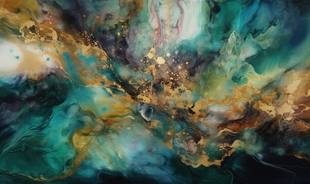  an abstract painting with gold, blue, and green colors.  generative ai