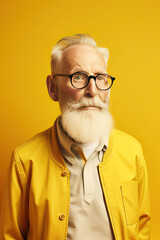 close up and potrait of 60 yo mature hipster man smiling and looking at the camera with Yellow wall at the background - active senior concept and lifestyle Generative AI