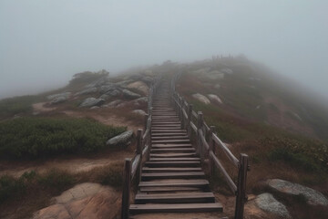 Wooden staircase leads up to a hill that contains fog. Generative AI