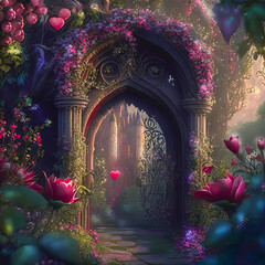 Fantasy romantic background with rose garden and flower arch. Generative AI