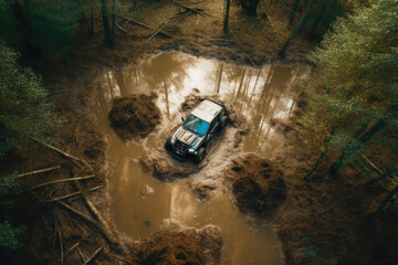 An aerial shot of an atv submerged in quicksand in a forest. Generative AI - obrazy, fototapety, plakaty