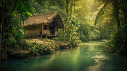 Beautiful Tropical Jungle River, hut. Generative AI