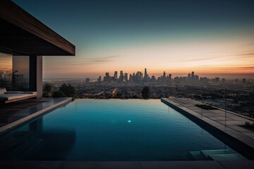 Fototapeta premium Los Angeles residence with a pool and a view on a city, Generative AI